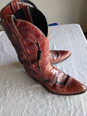 Vintage 80s Code West Flame Cowboy Boots Men's 11 M Brown Black Leather USA